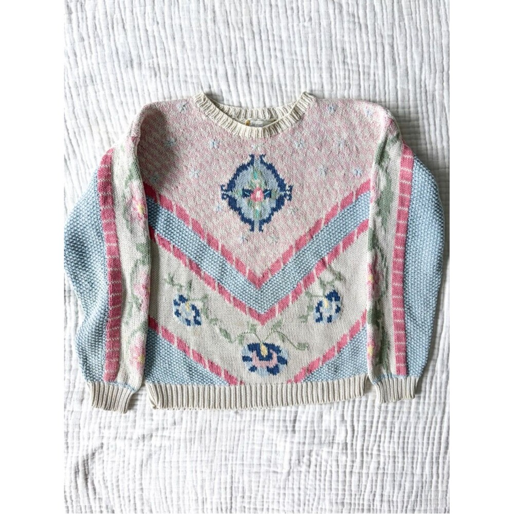 Vintage Eagle’s Eye Knit Sweater 90s Floral Cottagecore Grandma Size M